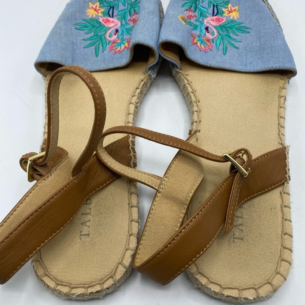 Flamingo Tropical TALBOTS Izzy Espadrille Sandals Blue Chambray Embroidered 9.5 - Picture 6 of 7
